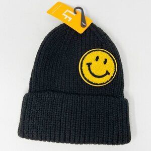 Smiley Face Knit Stocking Cap Hat Black